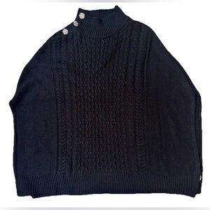 Ann Taylor Black Knit Sweater-Cape S/M Rhinestones Turtleneck Classic Elegant
